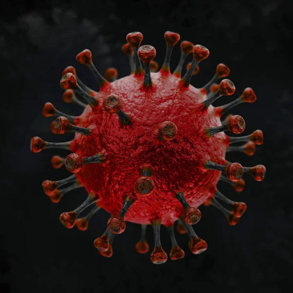 隔離された赤ベースのコロナウイルスは 暗い背景に3Dイラストとして詳細ビューを拡大しました — ストック写真