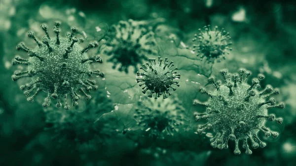 緑の有機コロナウイルスは 3Dイラストとして拡大顕微鏡ビュー — ストック写真