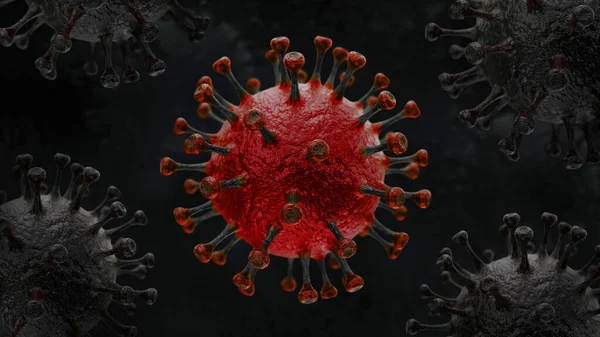 暗い背景に3Dイラストとして1つの赤ベースのコロナウイルス拡大詳細ビュー — ストック写真
