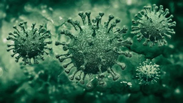 Coronavirus Organik Hijau Diperbesar Secara Rinci Pandangan Mikroskopis Sebagai Ilustrasi — Stok Foto