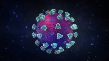 Mavi menekşe virüsü molekül mikroskobik detay soyut koyu bokeh arkaplan. Tıbbi araştırma konusu, Coronavirüs 'ün 3 boyutlu illüstrasyonu.