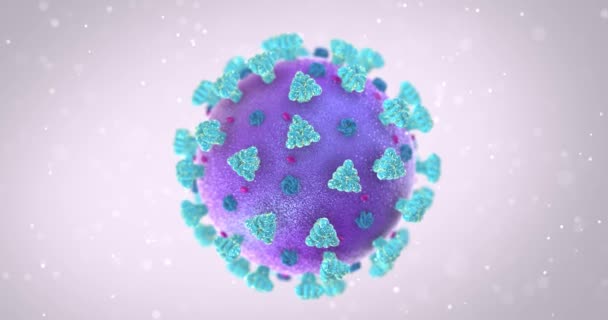 コロナウイルス3Dモデルは 周りの粒子と明るい空間で回転します ヘルスケアと医療研究4Kビデオの背景 — ストック動画