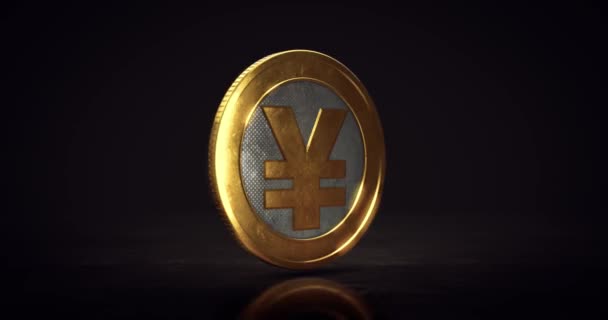 Обертається Золота Юанейська Або Єнська Монета Над Підлогою Темному Тлі — стокове відео