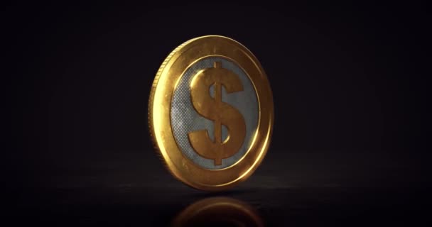 Вращение Золотой Монеты Доллара Над Полом Темном Фоне Анимация Цикла — стоковое видео