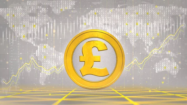 Golden Pound Coin Economic Graph Charts Business Analysis Grey Background — Stock Photo, Image