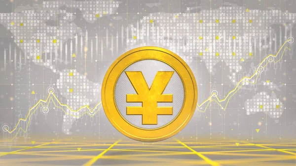 Golden Yuan Yen Coin Economic Graph Charts Business Analysis Grey — Stock Photo, Image