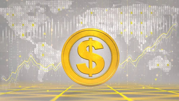 Goldene Dollarmünze Mit Wirtschaftsdiagrammen Und Geschäftsanalyse Auf Grauem Hintergrund Unternehmen — Stockfoto