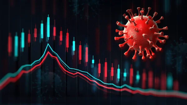 Ekonomik grafik çizelgesi ve iş analizi, ekranda kırmızı koronavirüs makrosu ve bulanık arkaplan. İş ve ekonomi 3D illüstrasyon.