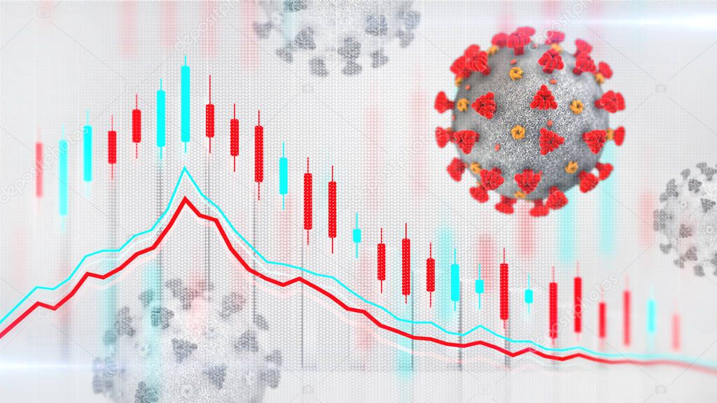 Economic graph chart and business analysis, red coronavirus macro on white and blurred background. Business and economy 3D illustration.