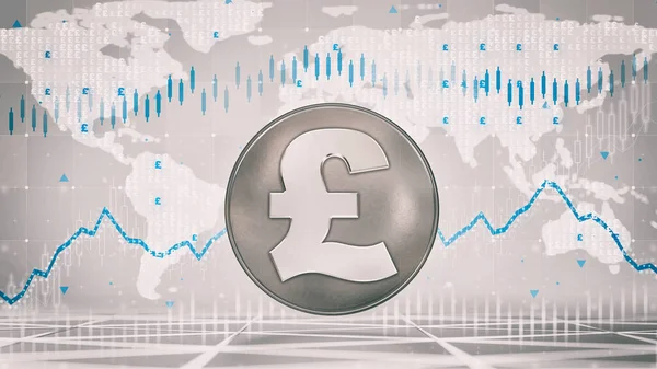 Zilveren Pond Munt Met Economische Grafieken Zakelijke Analyse Grijze Achtergrond — Stockfoto