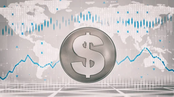 Zilveren Dollar Munt Met Economische Grafieken Zakelijke Analyse Grijze Achtergrond — Stockfoto