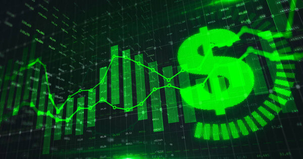 Stock market Dollar trading graph in green color as economy 3D illustration background. Trading trends and economic statistics.