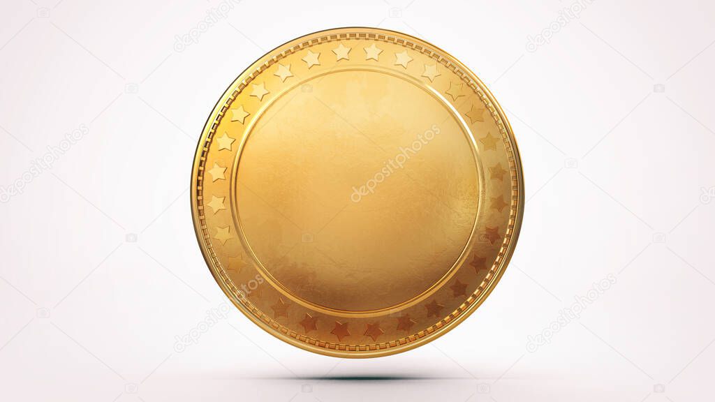 Empty isolated golden shiny coin on white background. Blank money template 3D illustration.