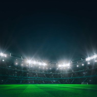 İzleyicilerle dolu muhteşem bir futbol stadyumu çimlerin üzerinde bir akşam maçı bekliyor. Oyuncu seviyesinden görüntüle. Spor kategorisi 3 boyutlu illüstrasyon.