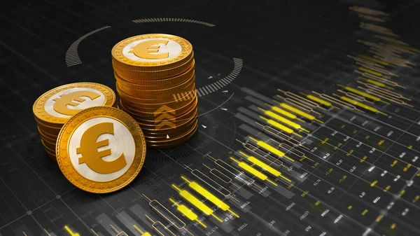 Grupa Złotych Monet Euro Umieszczona Wykresie Cyframi Wynikami Rozwoju Gospodarczego — Zdjęcie stockowe