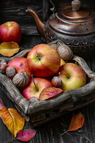 Äpfel und Nüsse im Herbst — Stockfoto