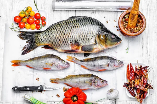 Roher Fisch auf Pergament — Stockfoto