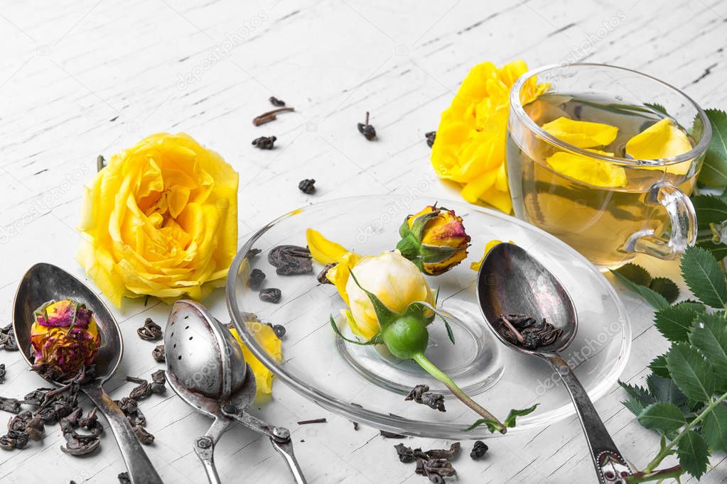 Herbal tea with yellow rose
