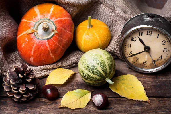 Herbstkürbisse und Uhr — Stockfoto