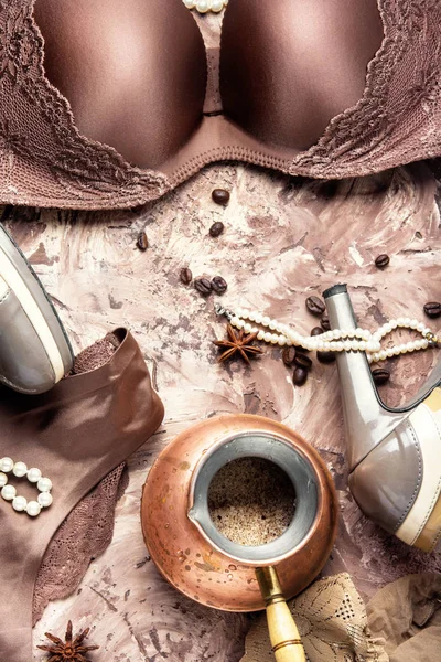 Lingerie and coffee — Stock Photo, Image