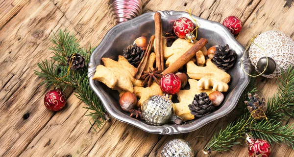 Christmas cookies and baubles — Stock Photo, Image