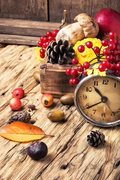 Ébresztőóra és őszi szimbólumok — Stock Fotó