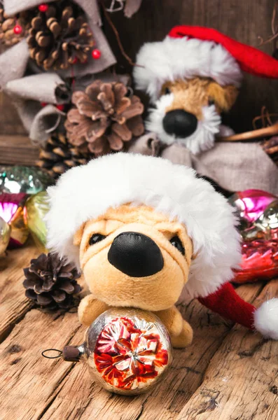 Christmas decoration with toy dog — Stock Photo, Image