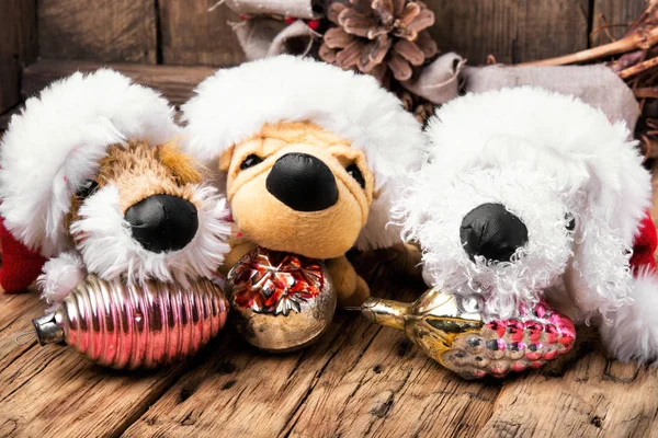 Рождественские украшения с игрушечной собакой — стоковое фото