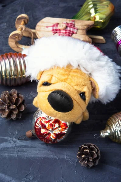 Christmas decoration with toy dog — Stock Photo, Image