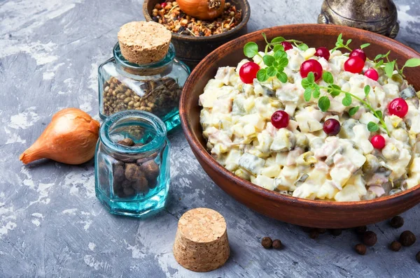 Russian traditional meat salad — Stock Photo, Image