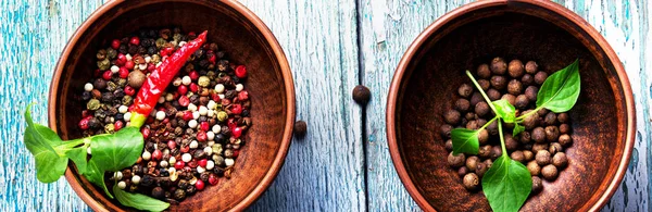 Different kinds of peppercorns. — Stock Photo, Image