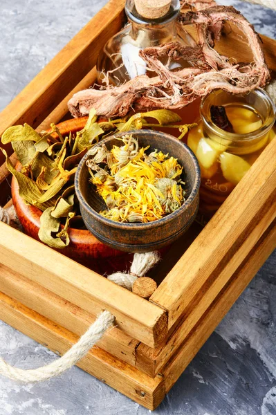Healing herbs in wooden box — Stock Photo, Image