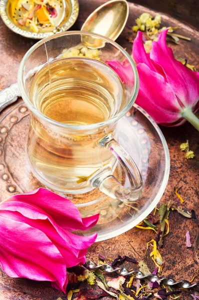 Gyógynövény tea és tavaszi tulipán — Stock Fotó