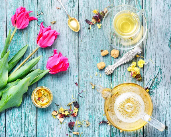 Gyógynövény tea és tavaszi tulipán — Stock Fotó