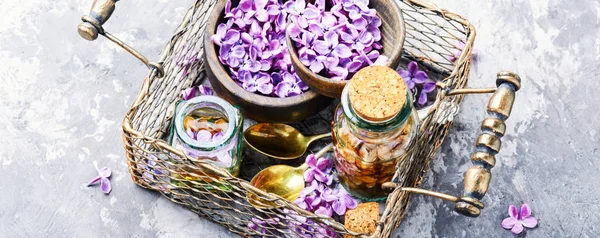 Bottle Essential Extraction Lilac Healing Herbs Alternative Medicine Herbal Medicine — Stock Photo, Image