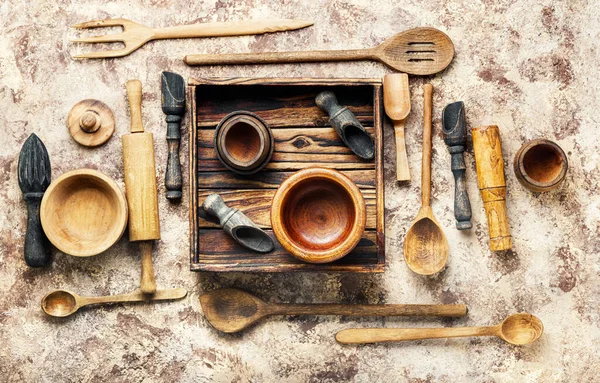 Set van houten kookgerei — Stockfoto