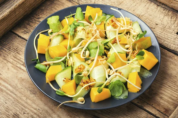 Vitamin Spring Salad Mango Cucumber Sprouts Old Wooden Table — Stock Photo, Image