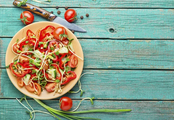 Salad Sayuran Musim Semi Dengan Bunga Matahari Tumbuh Salad Vegan — Stok Foto