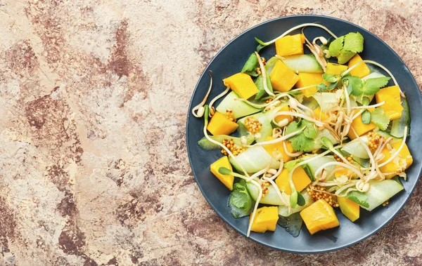 Salada Primavera Vitamina Com Manga Pepino Brotos Mustard Copy Espaço — Fotografia de Stock