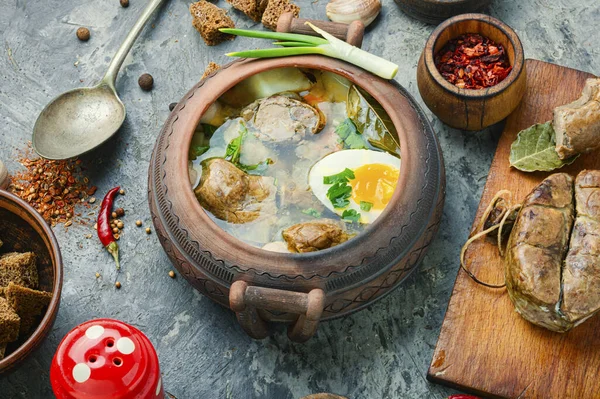 Homemade soup with meat, egg and sausage. — Stock Image Homemade Soup Meat Egg Sausage Stock Picture