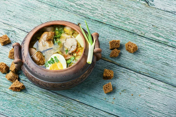 Sopa Casera Con Carne Huevo Salchicha — Foto de Stock