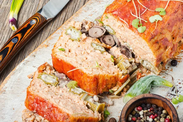 Chicken Meat Terrine Meatloaf Old Wooden Background — Stock Photo, Image