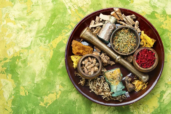 Conjunto Ingredientes Herbarios Naturales Hierbas Secas Para Uso Medicina Alternativa — Foto de Stock