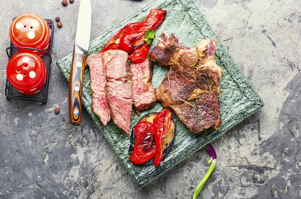 Grilled Beef Steak Spicy Stone Background — Stock Photo, Image