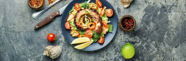 Thai Salad Grilled Octopus Fresh Vegetables Long Banner — Stock Photo, Image