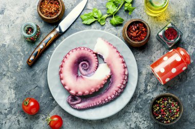 Taze çiğ ahtapot ve baharat. Pişmemiş ahtapot dokunaçları, deniz ürünleri..