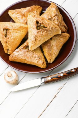 Kurnik, tavuk ve mantarla doldurulmuş Rus turtası. Rus yemeği.