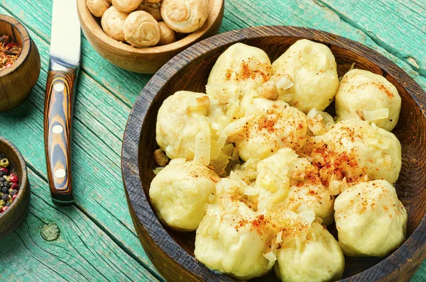 Appetizing Homemade Dumplings Mushroom Filling Lazy Dumplings Traditional Dish Ukrainian — Stock Photo, Image