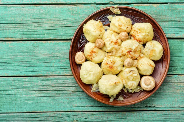 Appetizing Homemade Dumplings Mushroom Filling Flat Lay Copy Space — Stock Photo, Image