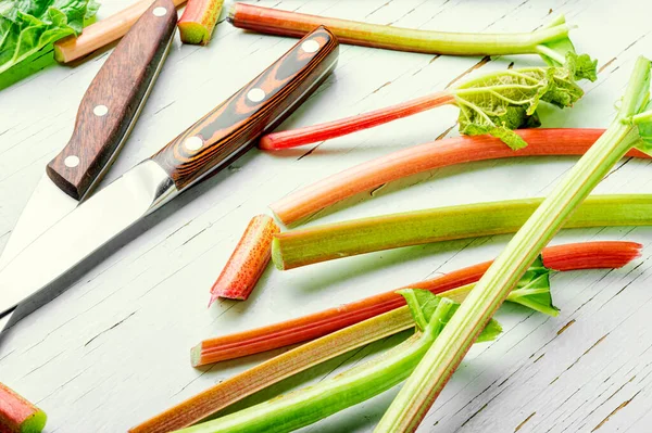 Fresh Rhubarb Stem Old Wooden Table — Stock Photo, Image